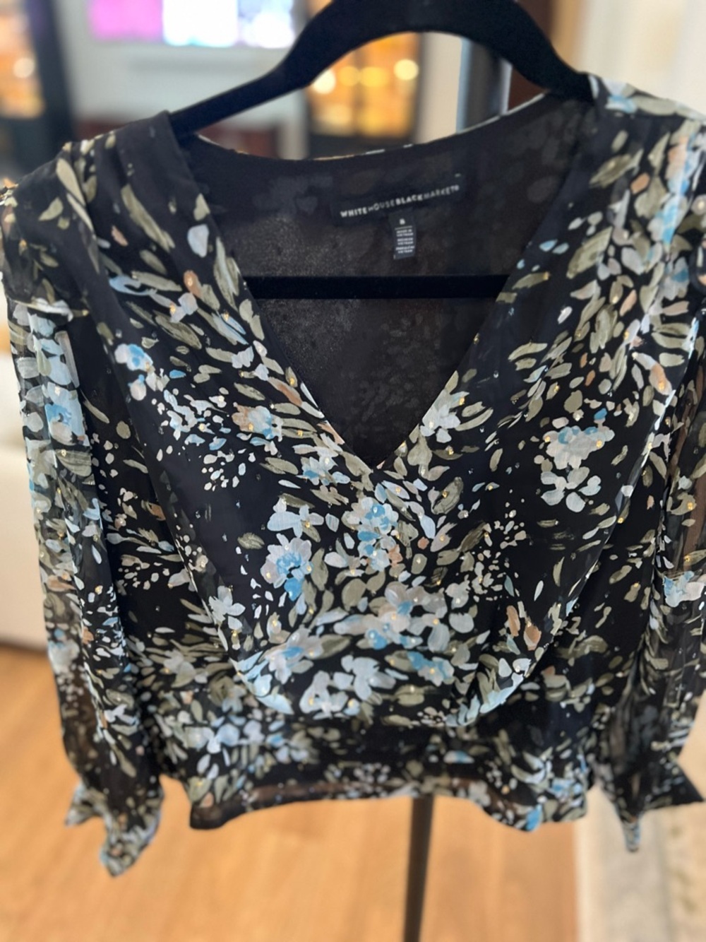 White House Black Market - Black Floral V-Neck Long Sleeve Blouse - Picture 3 of 12